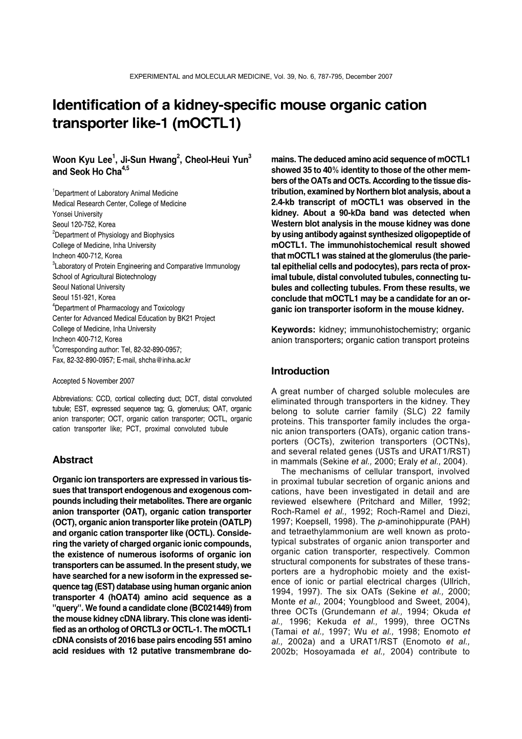 Identification of a Kidney-Specific Mouse Organic Cation Transporter Like-1 (Moctl1)