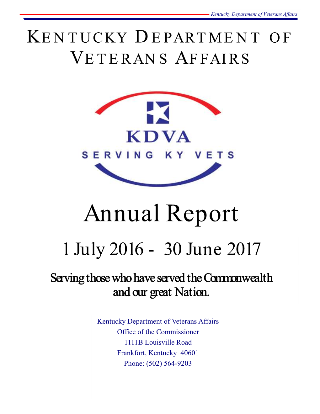 Kentucky Department of Veterans Affairs Annual Report 1 July 2016 – 30 June 2017