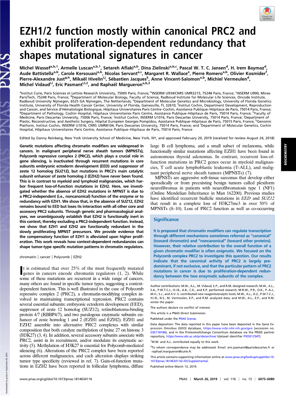 EZH1/2 Function Mostly Within Canonical PRC2 and Exhibit Proliferation-Dependent Redundancy That Shapes Mutational Signatures in Cancer