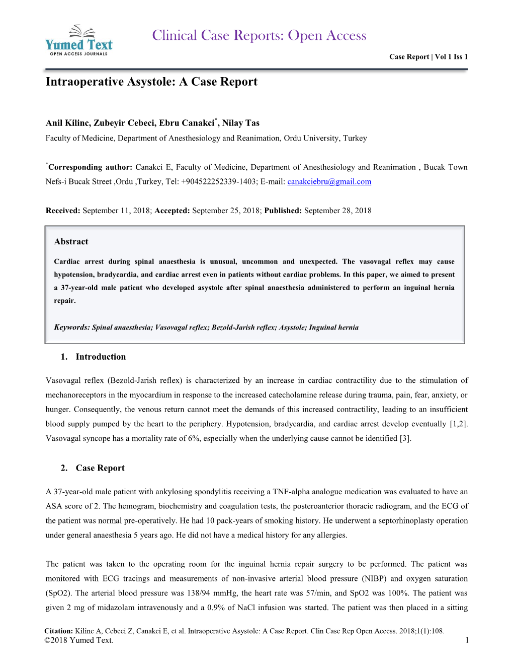 Intraoperative Asystole: a Case Report
