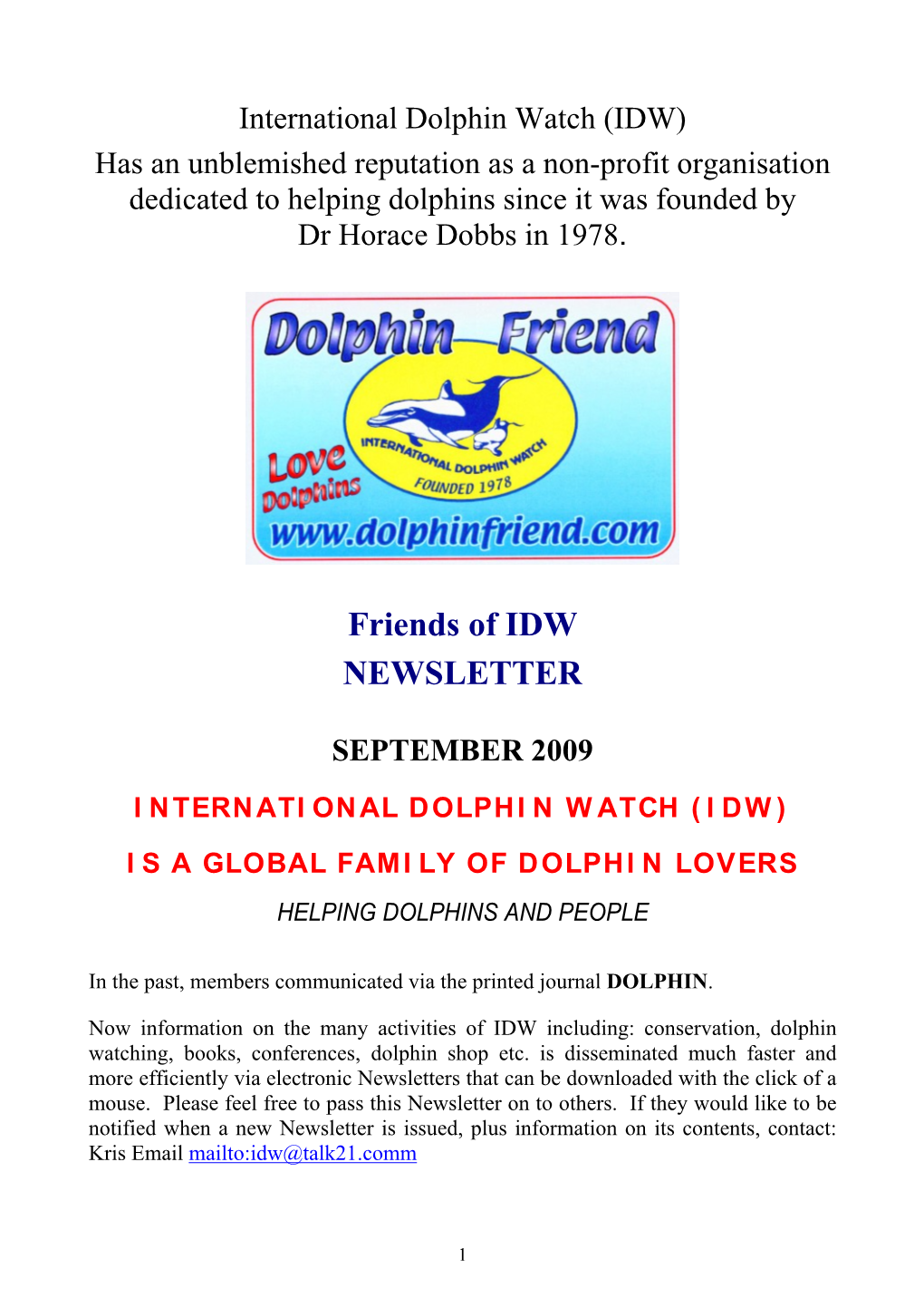 Friends of IDW Newsletter SEPT 09