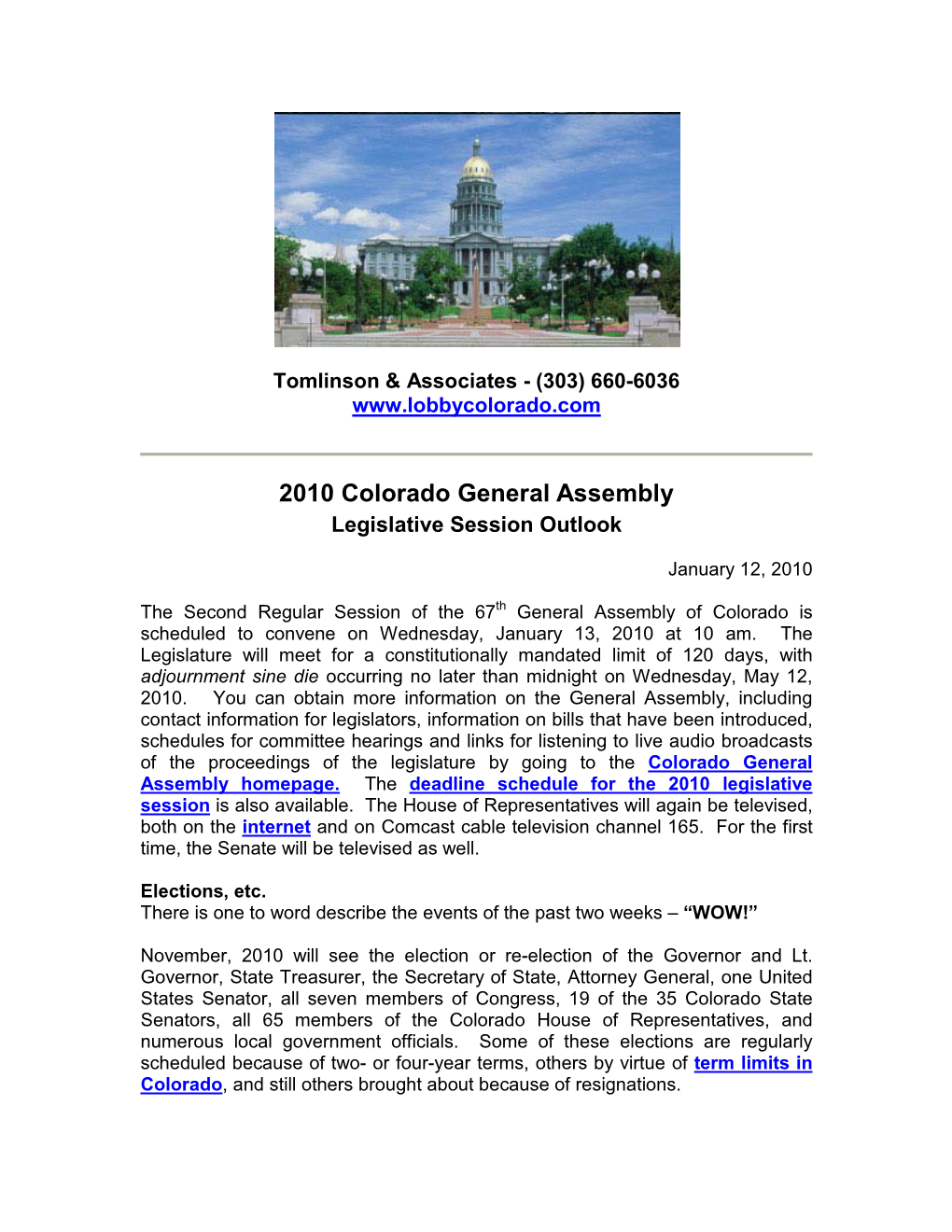 2010 Colorado General Assembly Legislative Session Outlook