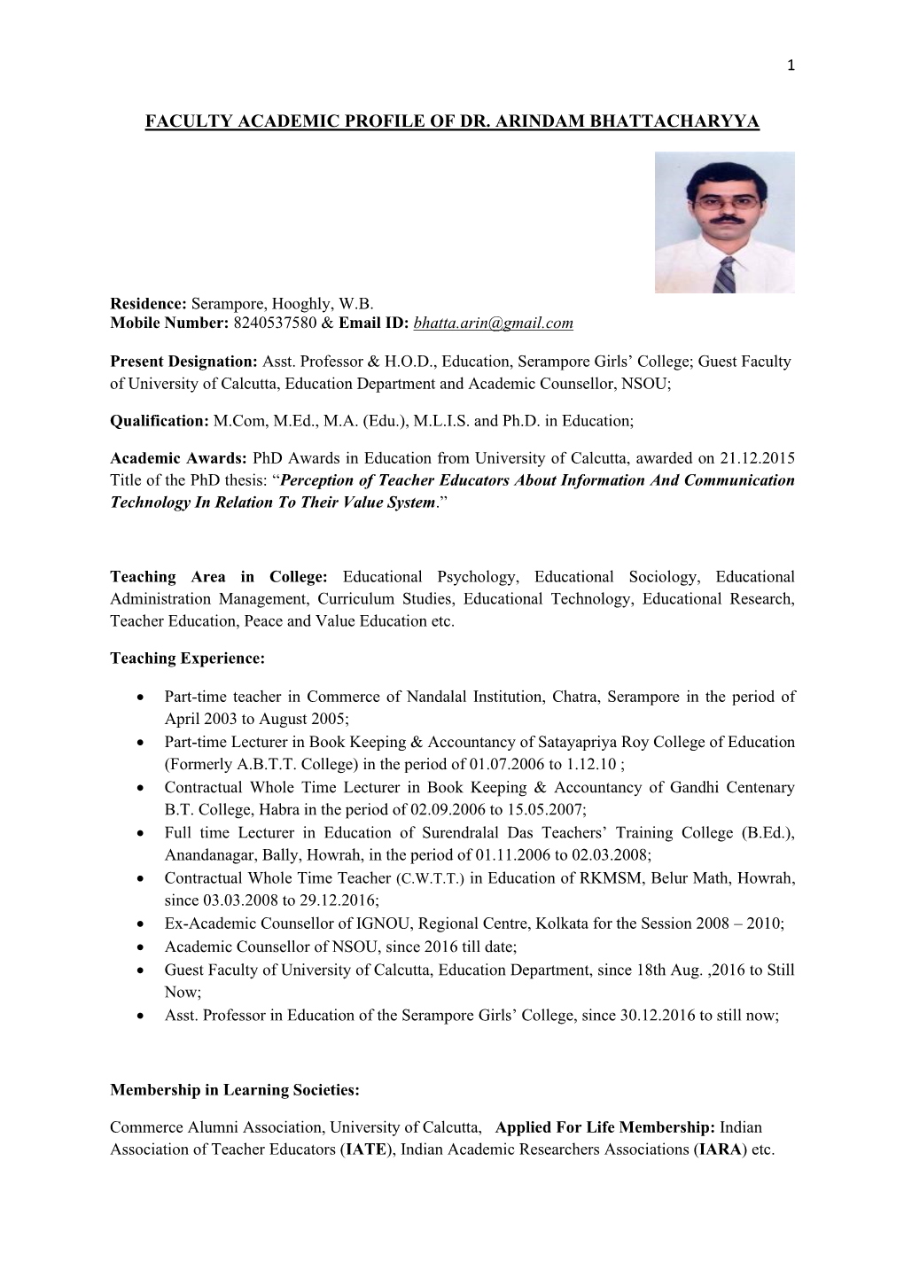 Faculty Academic Profile of Dr. Arindam Bhattacharyya