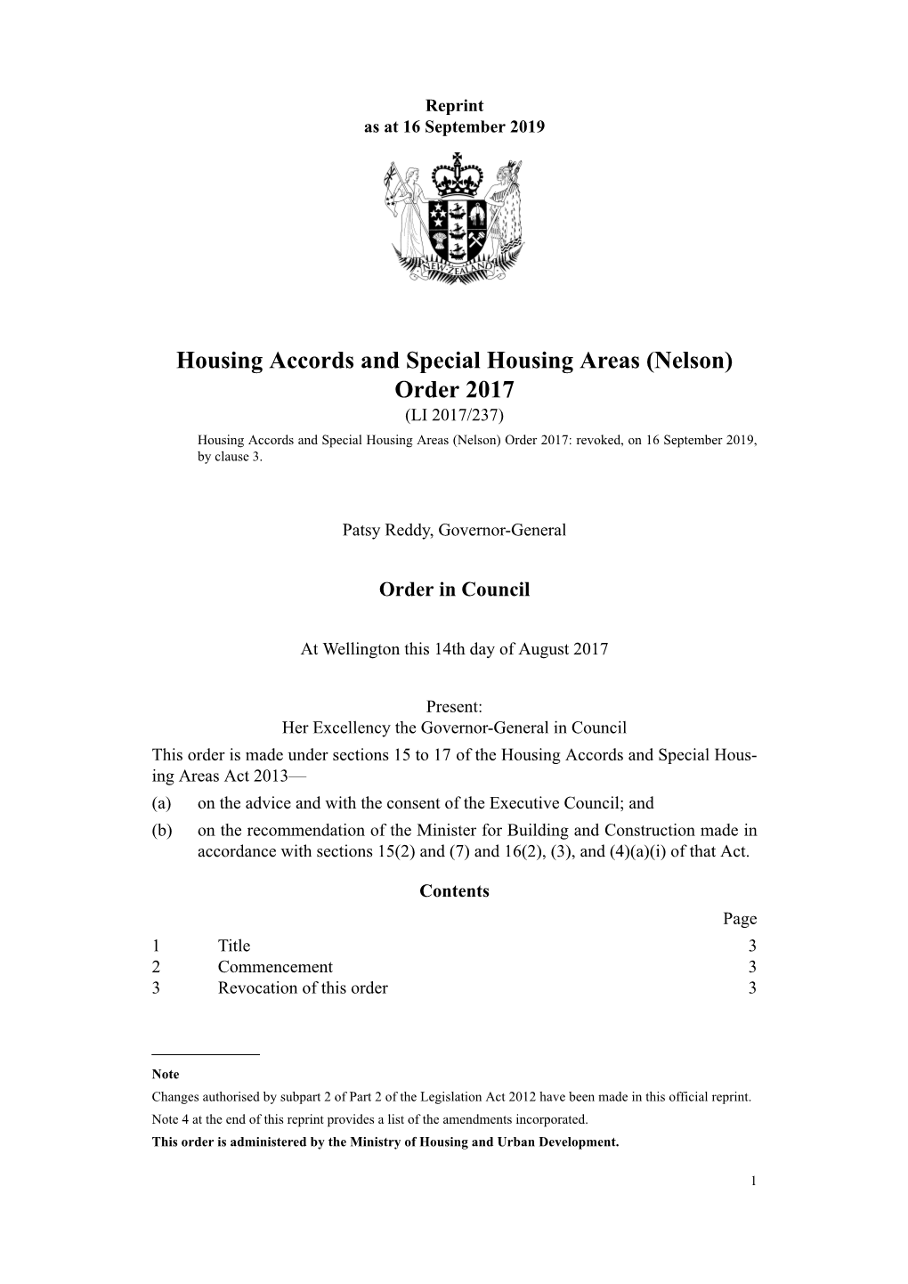 Housing Accords and Special Housing Areas (Nelson) Order 2017