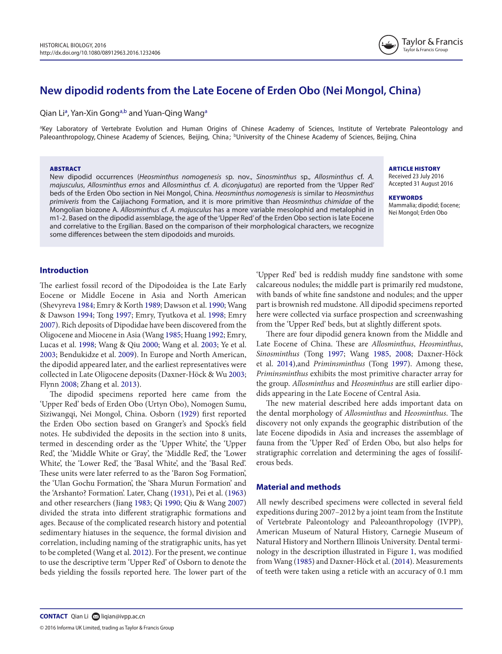 New Dipodid Rodents from the Late Eocene of Erden Obo (Nei Mongol, China)