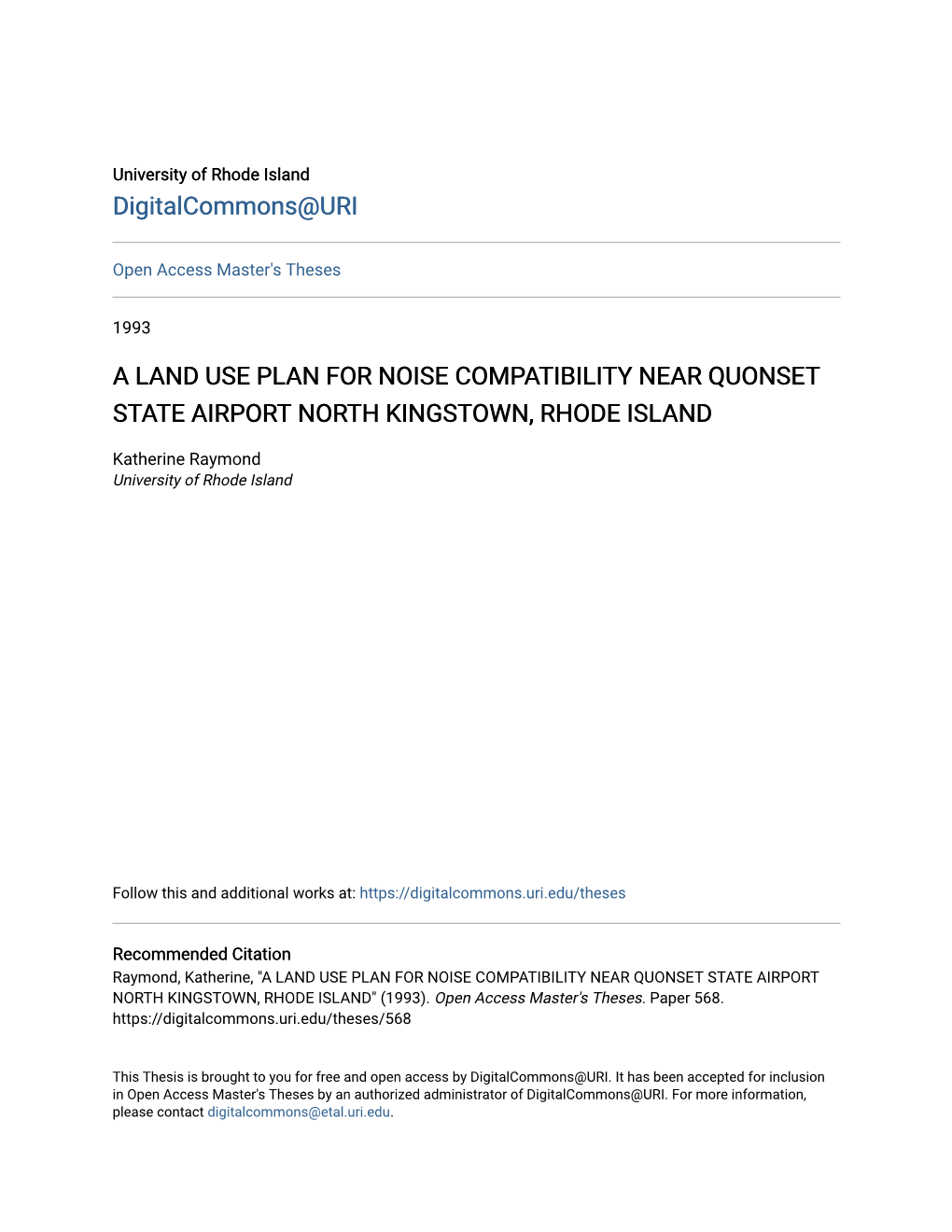 A Land Use Plan for Noise Compatibility Near Quonset State Airport North Kingstown, Rhode Island