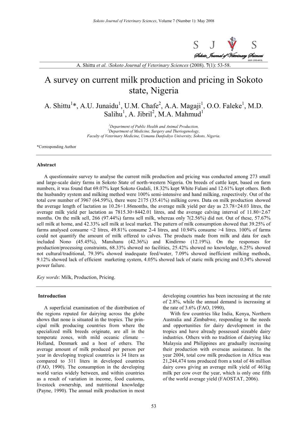 A Survey on Current Milk Production and Pricing in Sokoto State, Nigeria