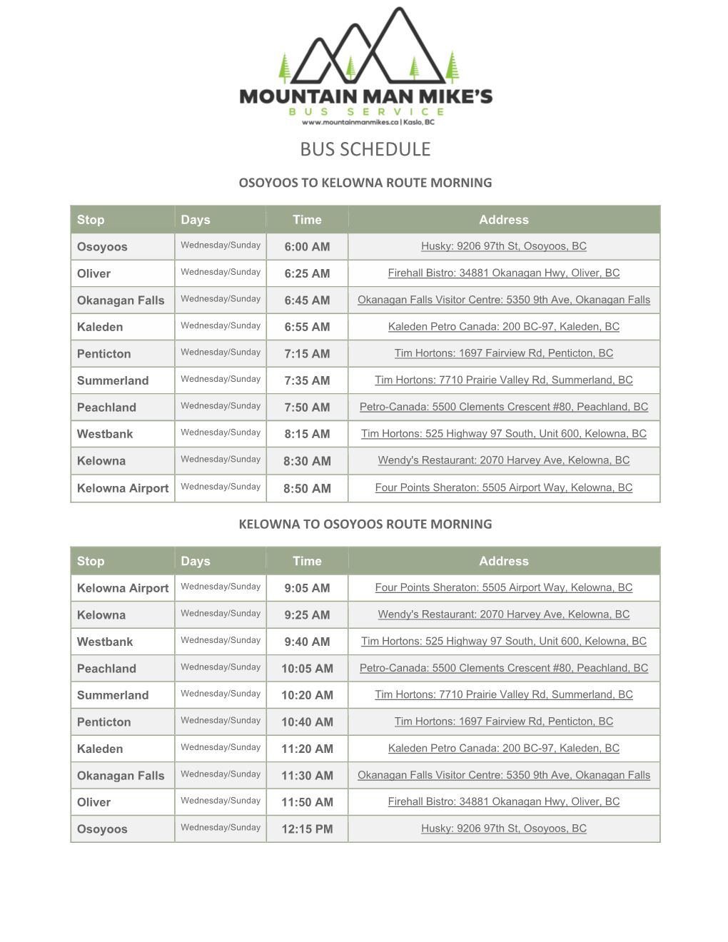 Kelowna – Osoyoos Schedule