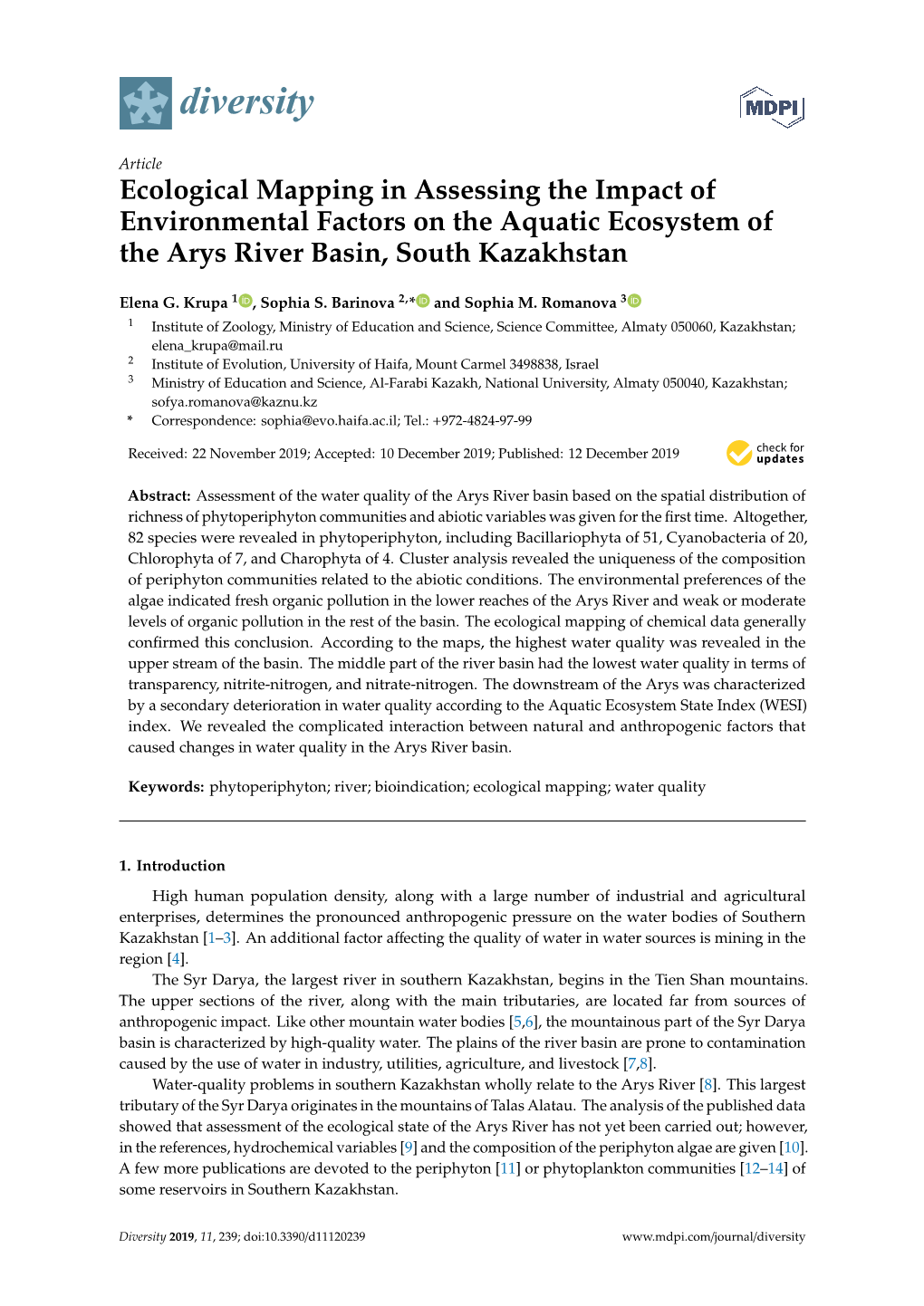 Ecological Mapping in Assessing the Impact of Environmental Factors on the Aquatic Ecosystem of the Arys River Basin, South Kazakhstan