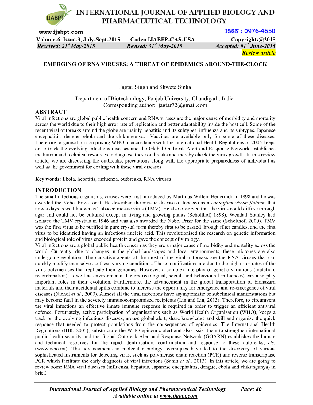 Volume-6, Issue-3, July-Sept-2015 Coden IJABFP-CAS-USA