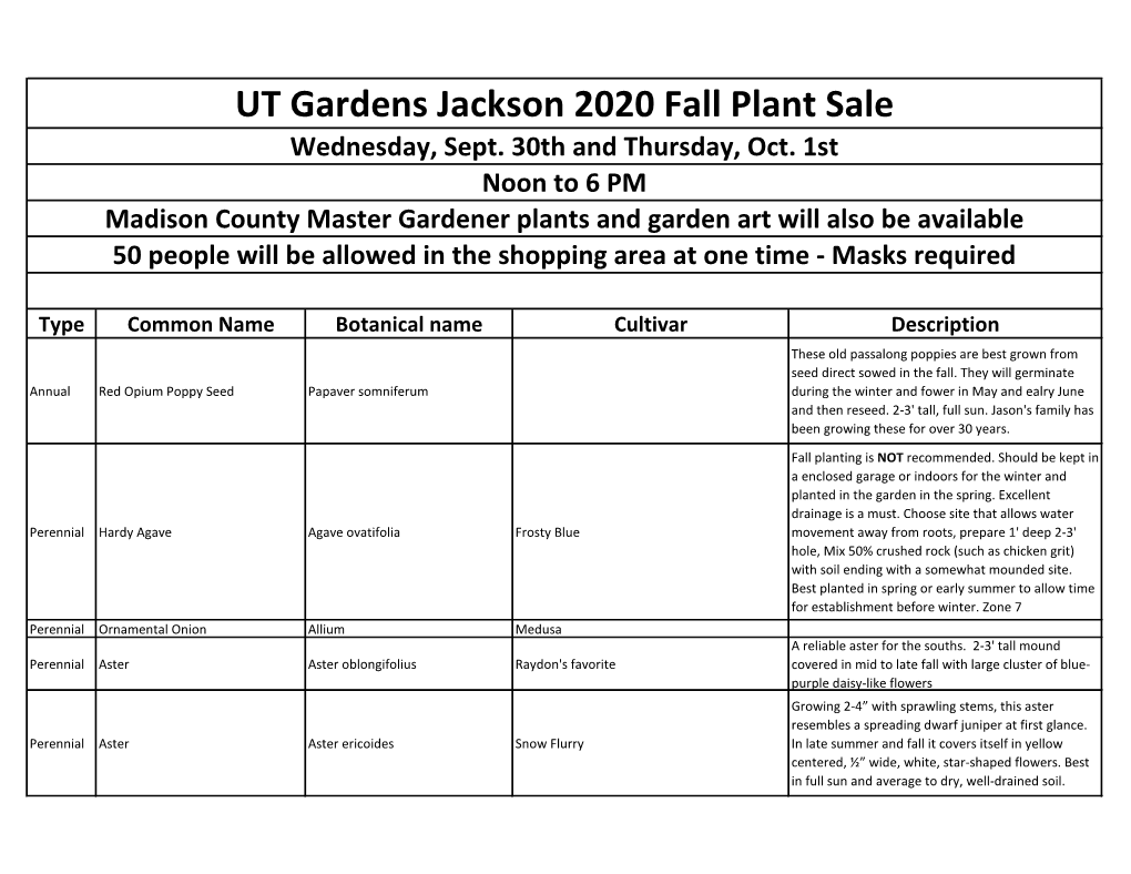 UT Gardens Jackson 2020 Fall Plant Sale Wednesday, Sept