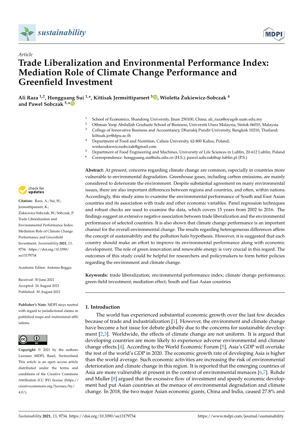Trade Liberalization and Environmental Performance Index: Mediation Role of Climate Change Performance and Greenﬁeld Investment