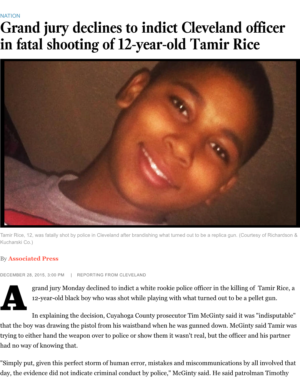 Grand Jury Declines to Indict Cleveland Officer in Fatal Shooting of 12-Year-Old Tamir Rice