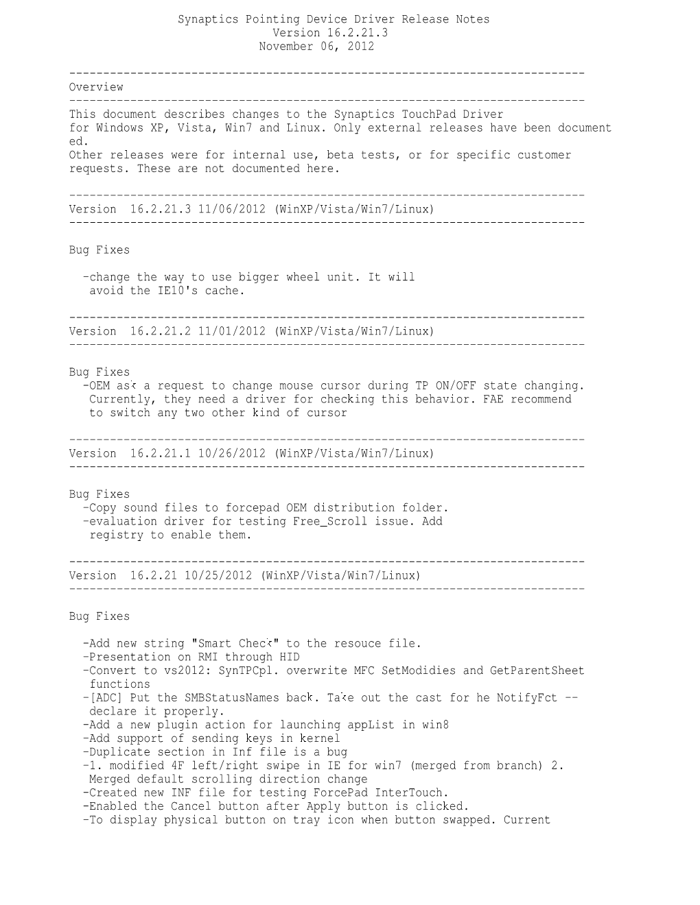 Synaptics Pointing Device Driver Release Notes Version 16.2.21.3