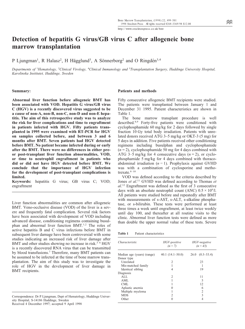 Detection of Hepatitis G Virus/GB Virus C After Allogeneic Bone Marrow Transplantation