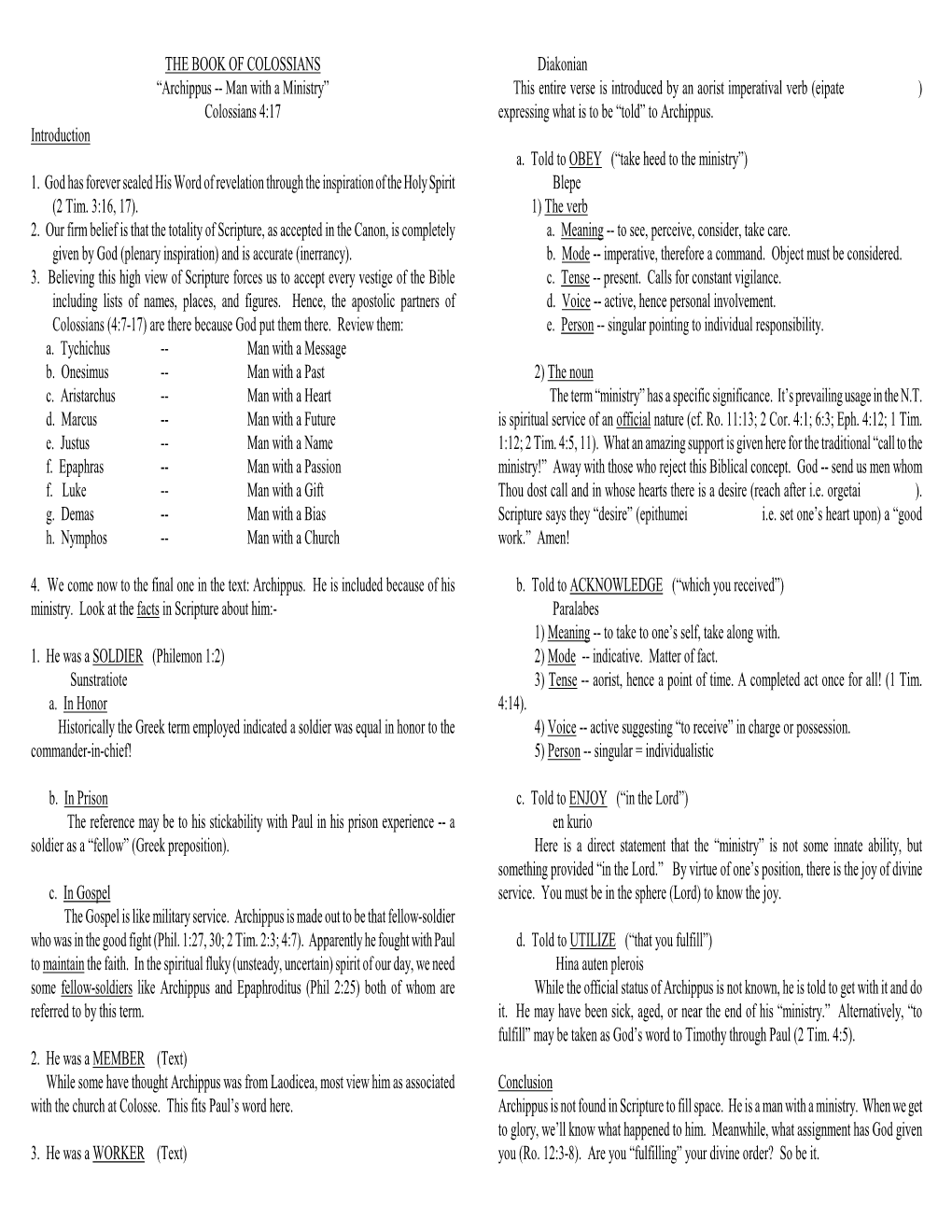 THE BOOK of COLOSSIANS “Archippus -- Man with a Ministry”