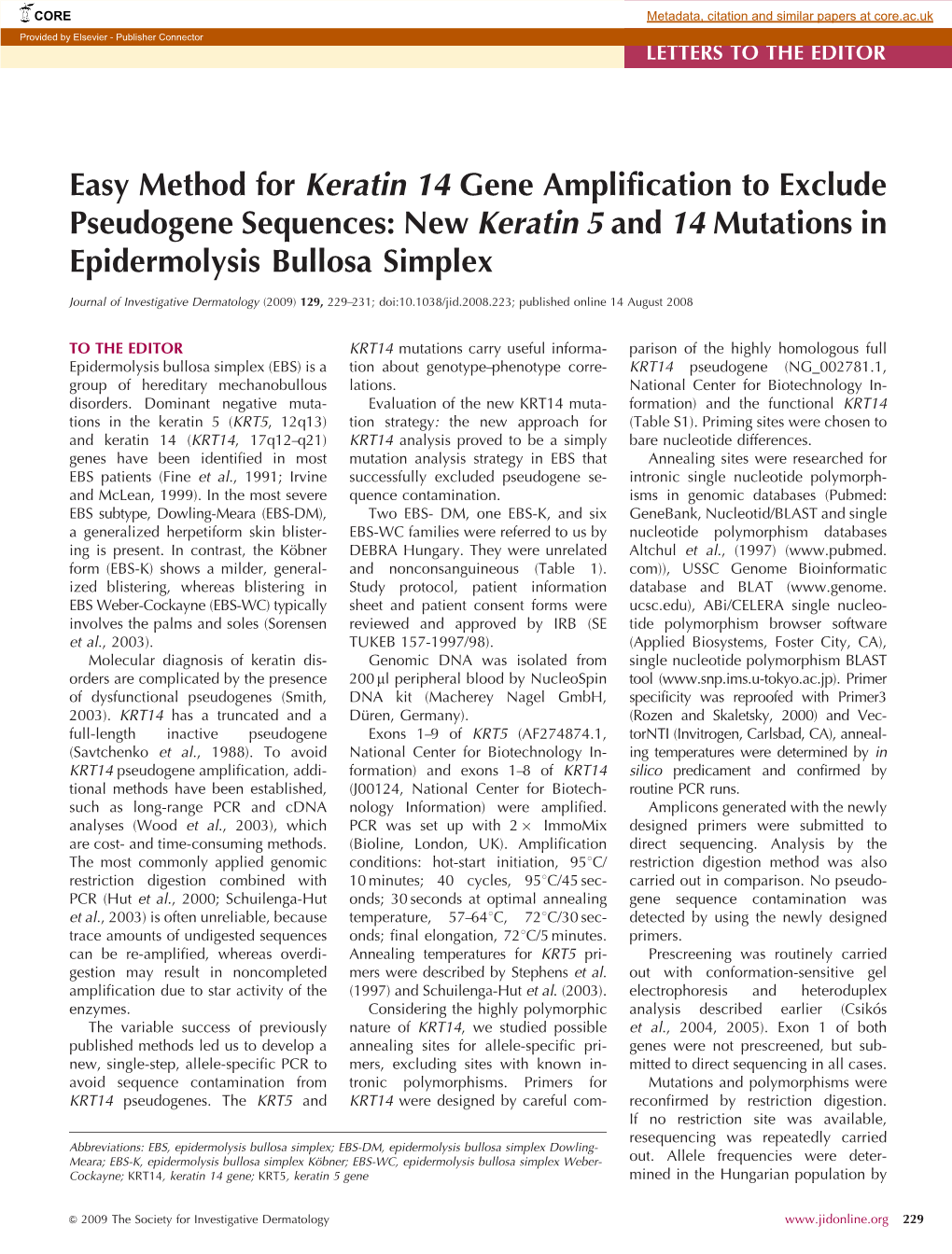 Easy Method for Keratin 14 Gene Amplification to Exclude Pseudogene Sequences: New Keratin 5 and 14 Mutations in Epidermolysis Bullosa Simplex