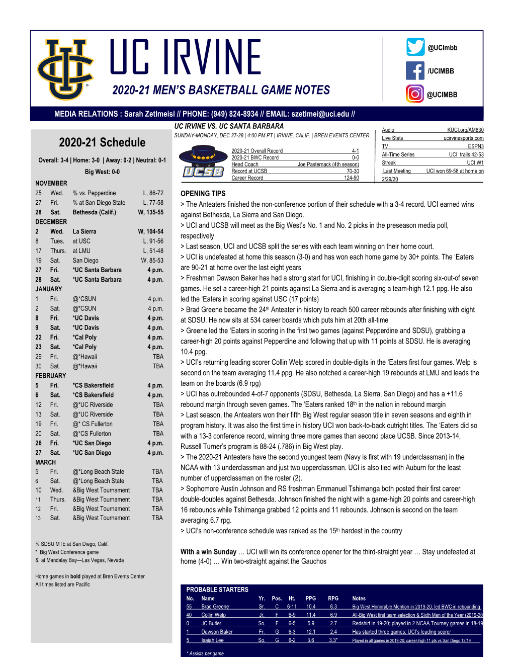 2020-21 MEN's BASKETBALL GAME NOTES 2020-21 Schedule