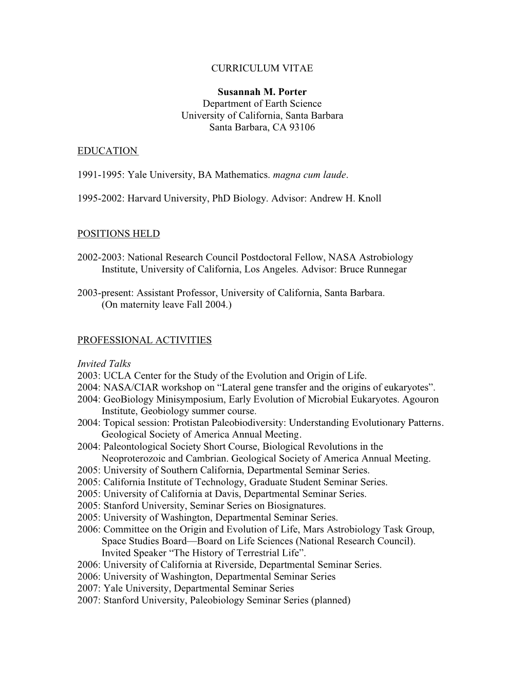 CURRICULUM VITAE Susannah M. Porter Department of Earth Science