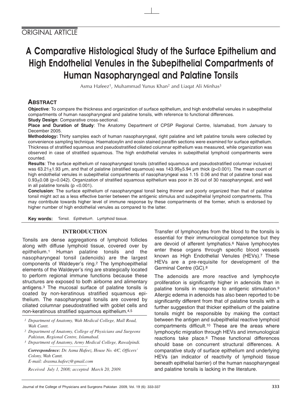 A Comparative Histological Study of the Surface Epithelium and High