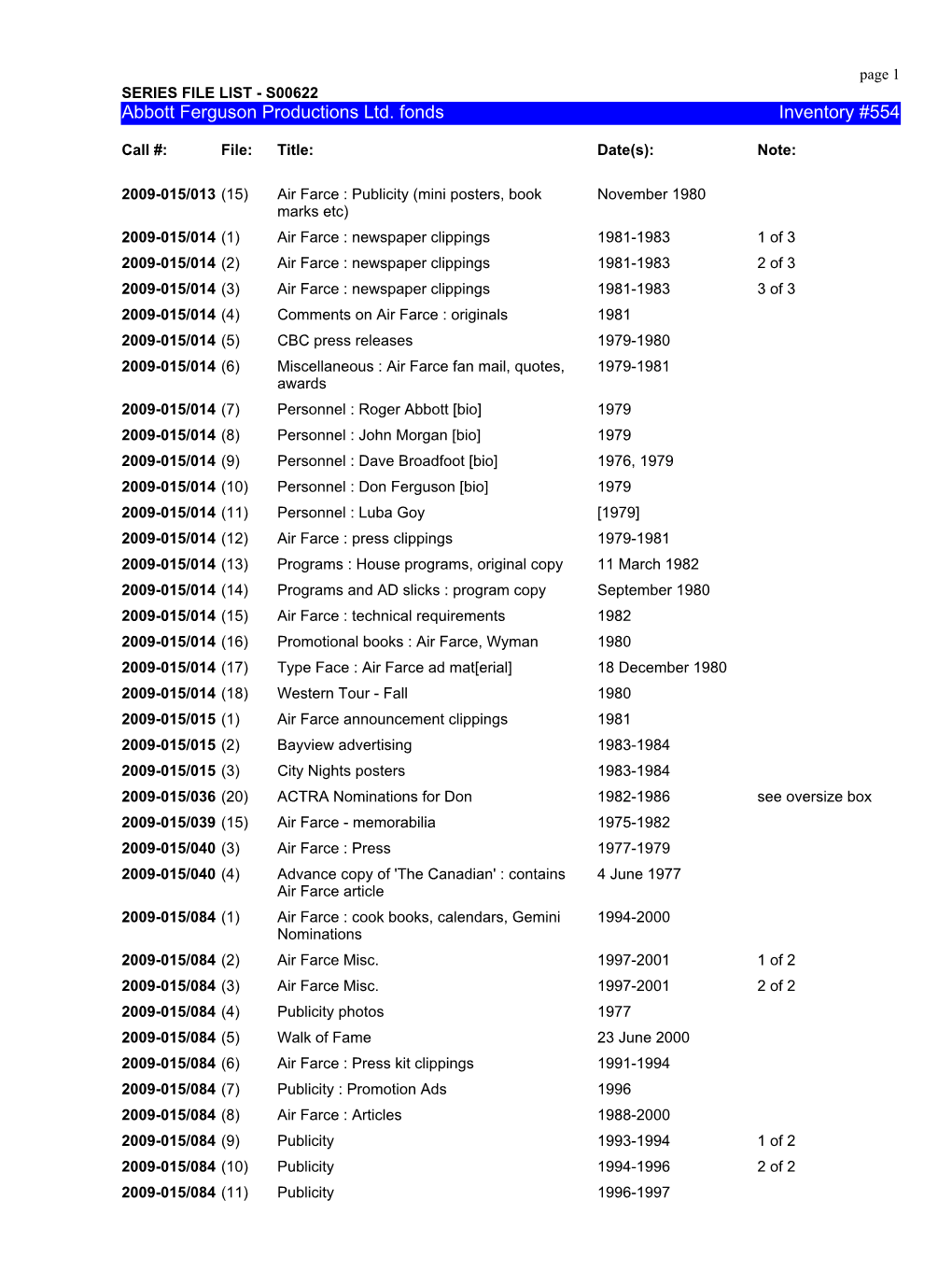 Abbott Ferguson Productions Ltd. Fonds Inventory #554