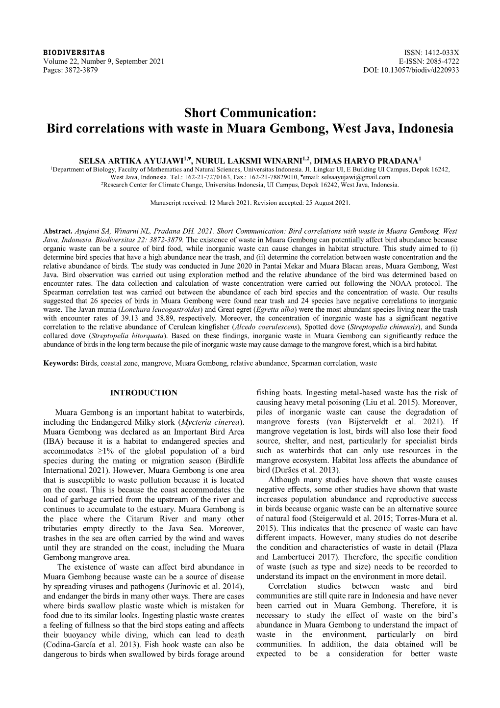 Short Communication: Bird Correlations with Waste in Muara Gembong, West Java, Indonesia