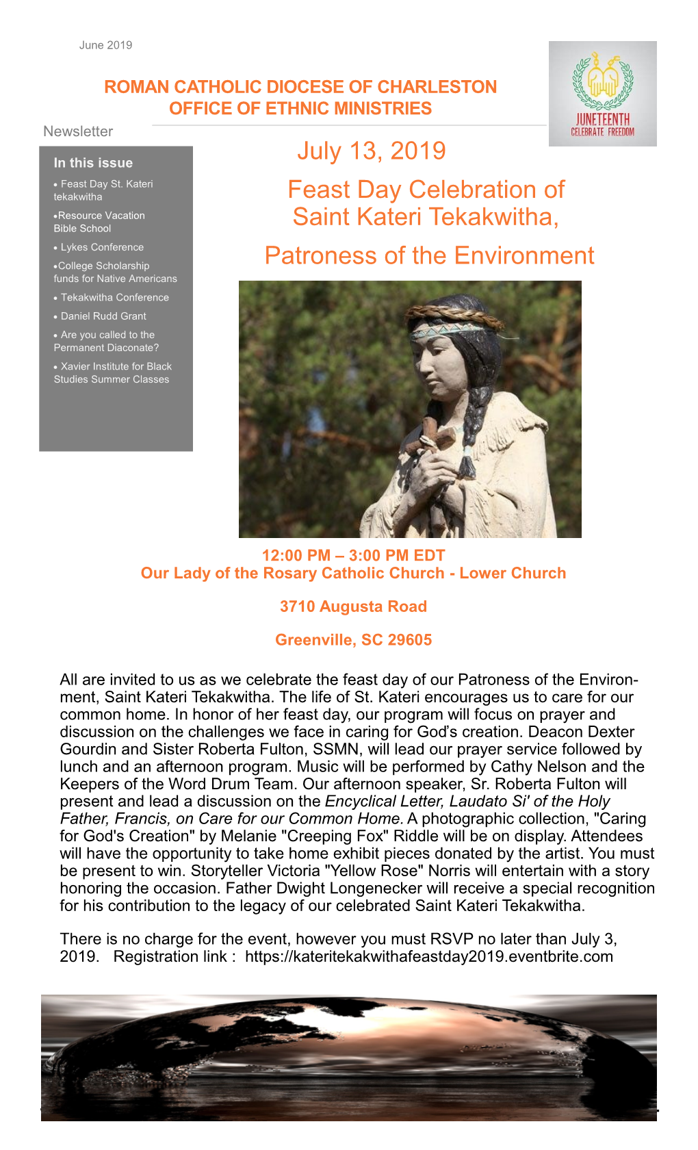 July 13, 2019 Feast Day Celebration of Saint Kateri Tekakwitha, Patroness of the Environment