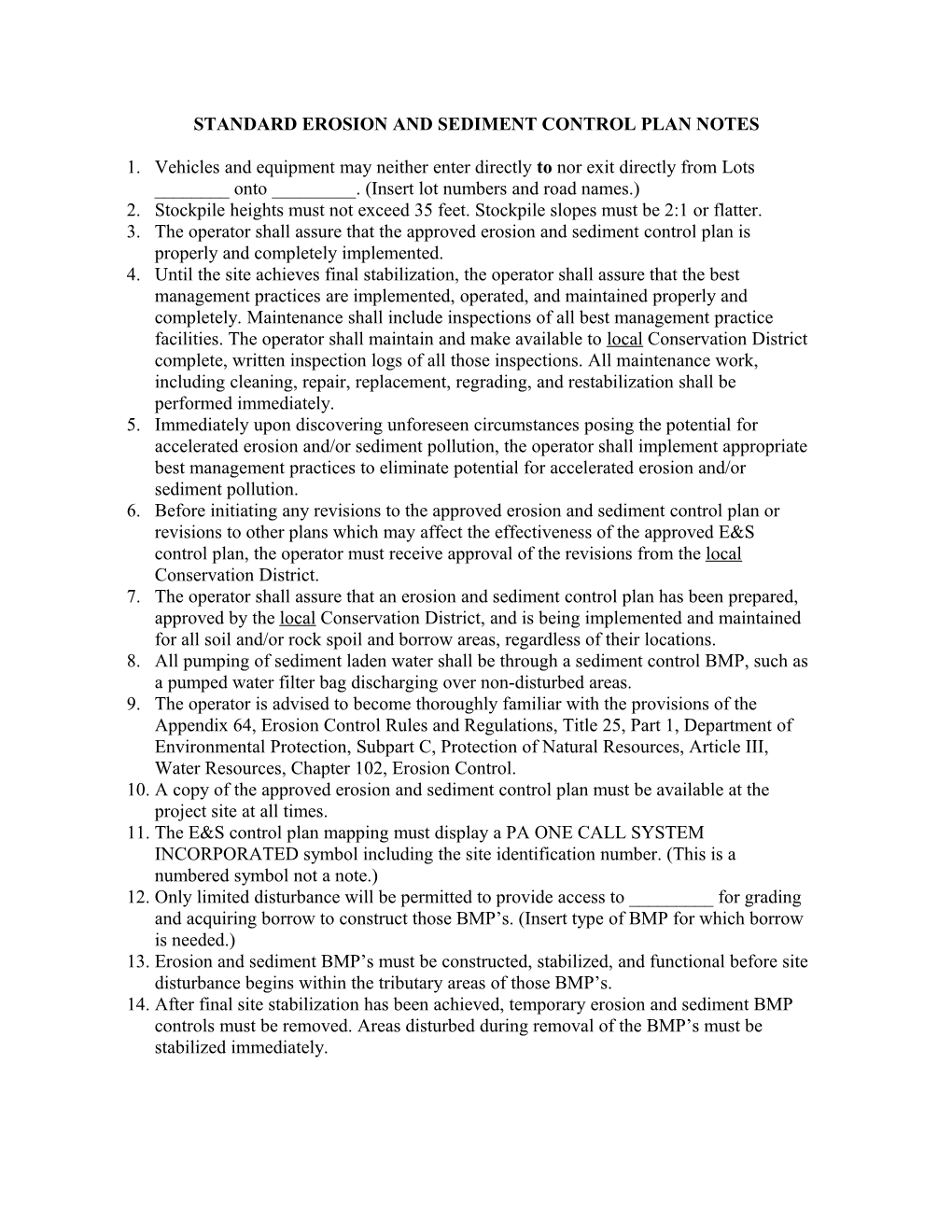 Standard Erosion and Sediment Control Plan Notes s1