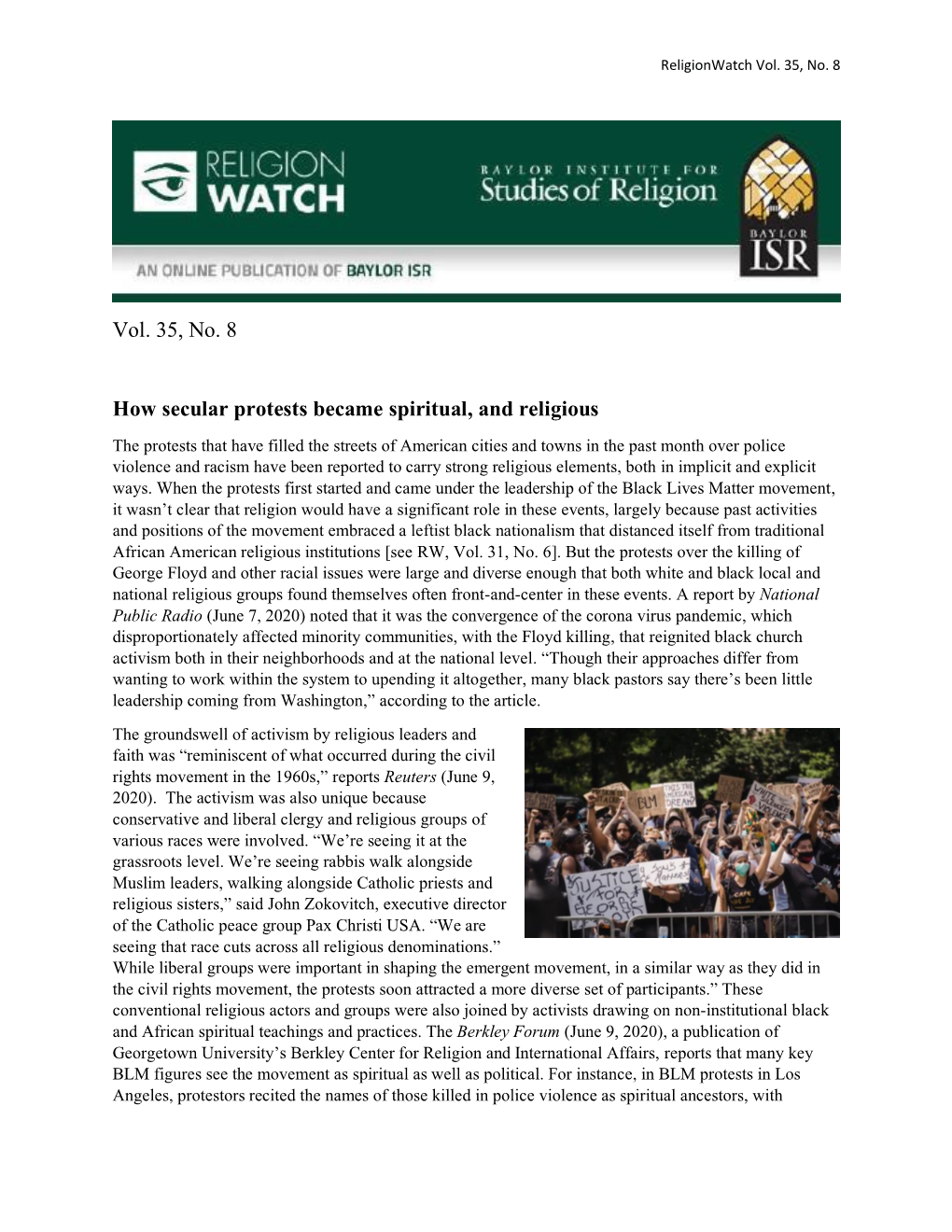 Vol. 35, No. 8 How Secular Protests Became Spiritual, and Religious