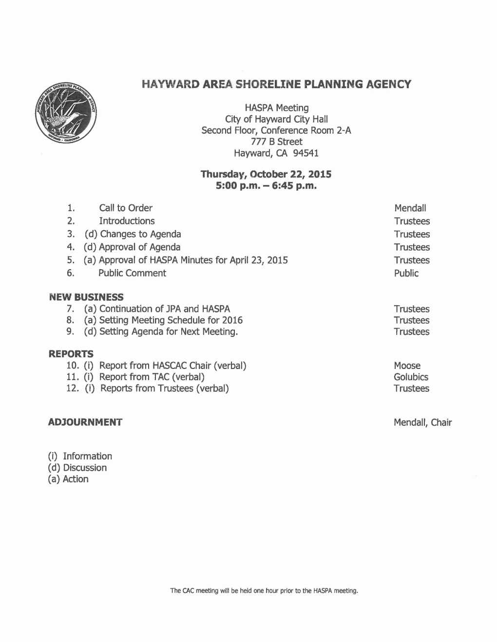 HAYWARD AREA SHORELINE PLANNING AGENCY 5:00 P.M