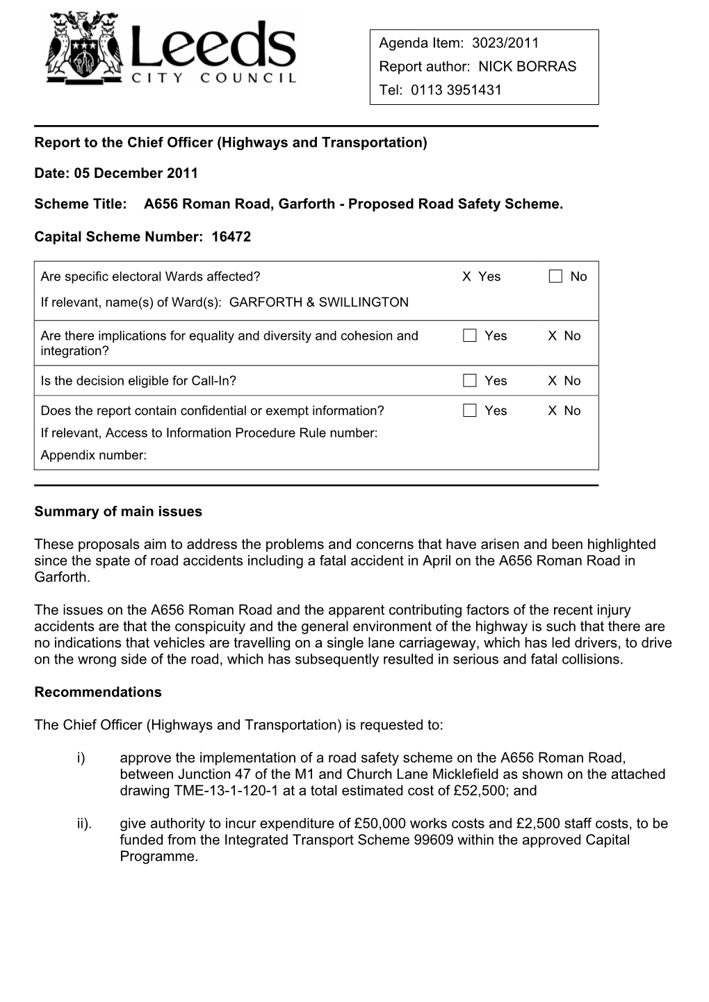 A656 Roman Road, Garforth - Proposed Road Safety Scheme