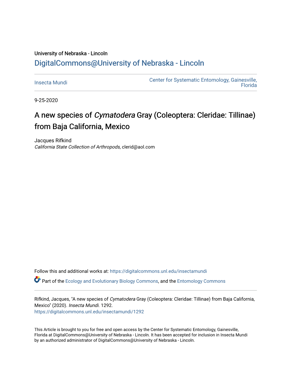 A New Species of &lt;I&gt;Cymatodera&lt;/I&gt; Gray (Coleoptera: Cleridae: Tillinae