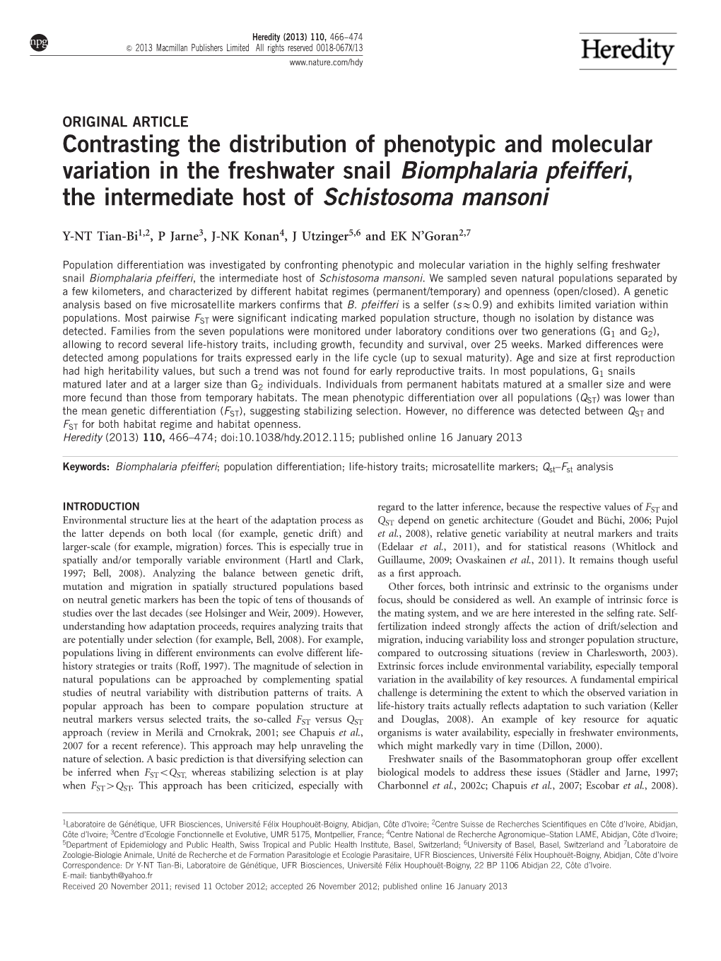 Contrasting the Distribution of Phenotypic and Molecular Variation in the Freshwater Snail Biomphalaria Pfeifferi, the Intermediate Host of Schistosoma Mansoni