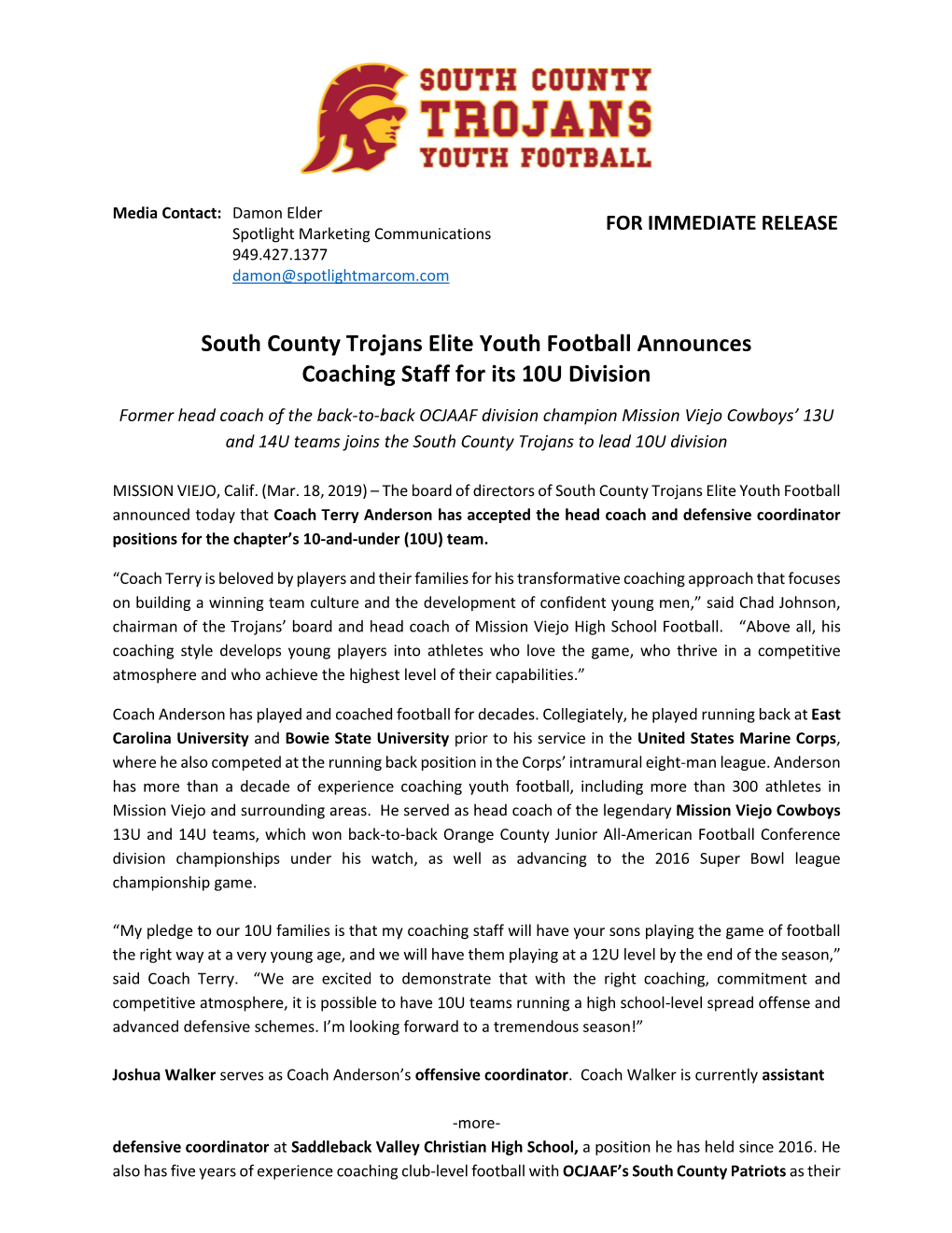 South County Trojans Elite Youth Football Announces Coaching Staff for Its 10U Division