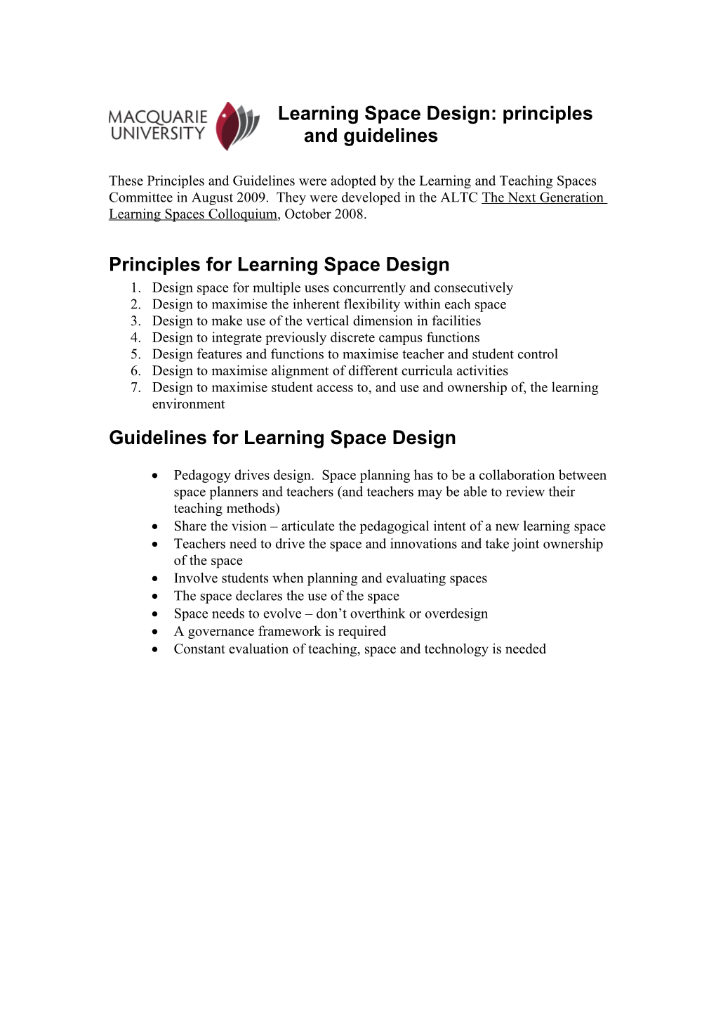 Guidelines for Learning Space Design