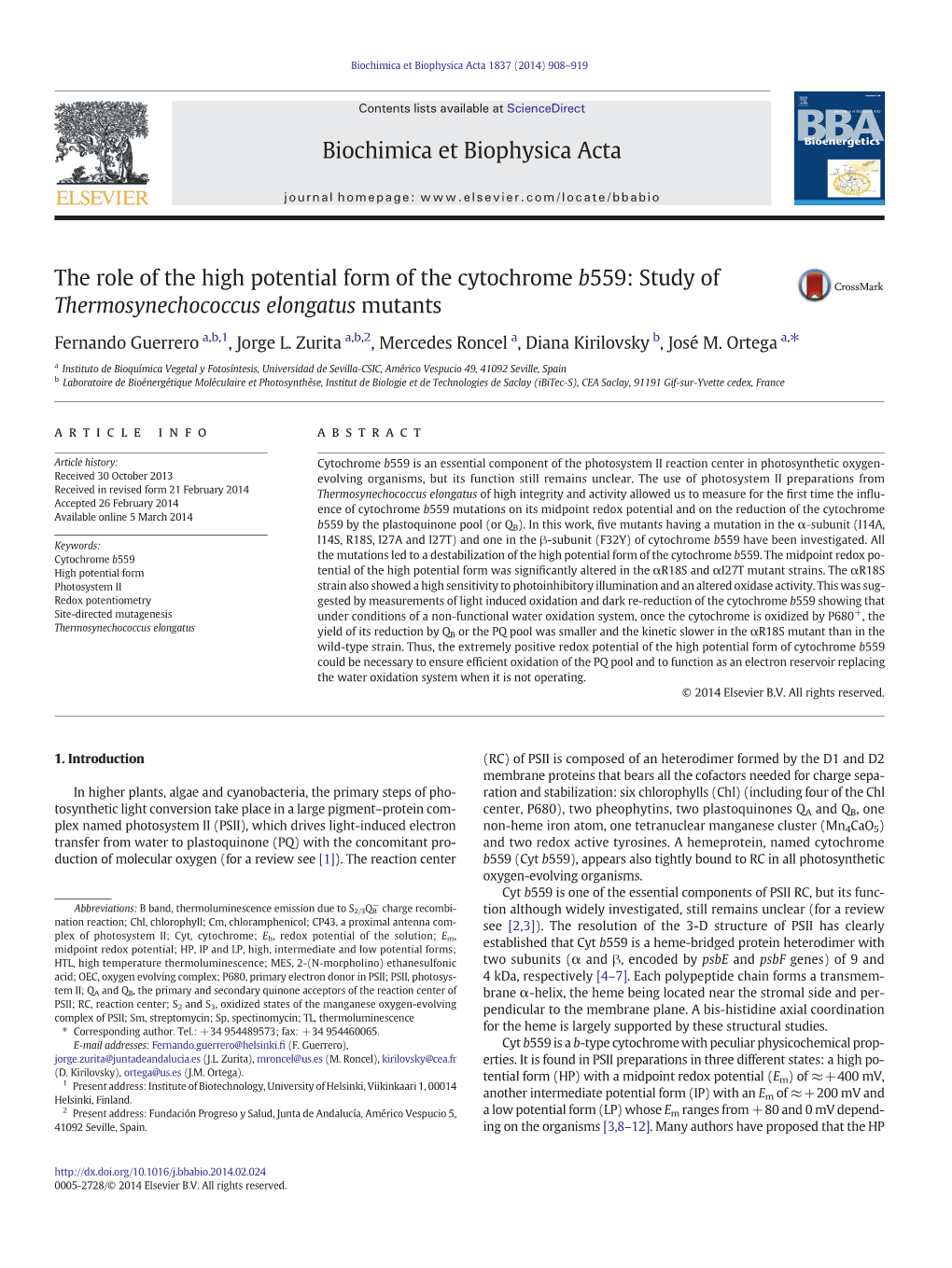 The Role of the High Potential Form of the Cytochrome B559: Study of Thermosynechococcus Elongatus Mutants