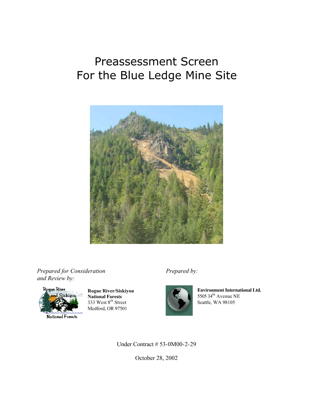 Preassessment Screen for the Blue Ledge Mine Site