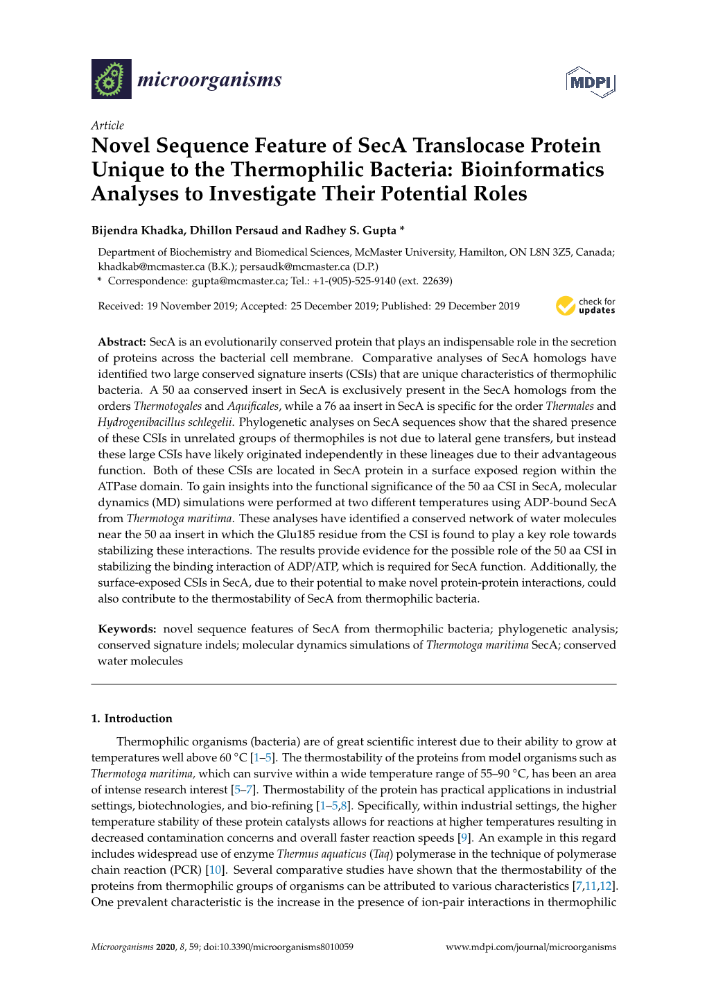 Novel Sequence Feature of Seca Translocase Protein Unique to the Thermophilic Bacteria: Bioinformatics Analyses to Investigate Their Potential Roles