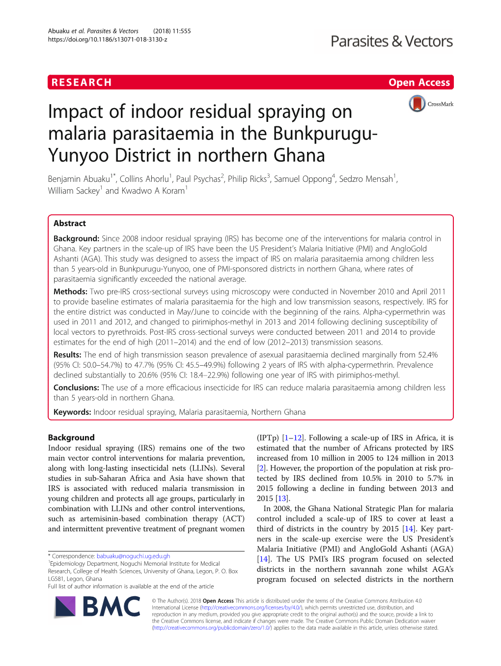 Impact of Indoor Residual Spraying on Malaria Parasitaemia in the Bunkpurugu-Yunyoo District in Northern Ghana