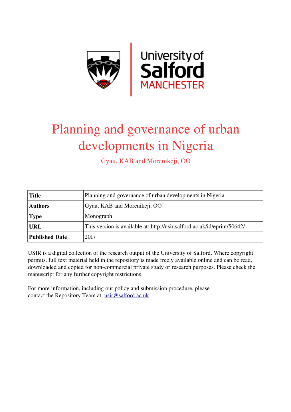Planning and Governance of Urban Developments in Nigeria Gyau, KAB and Morenikeji, OO