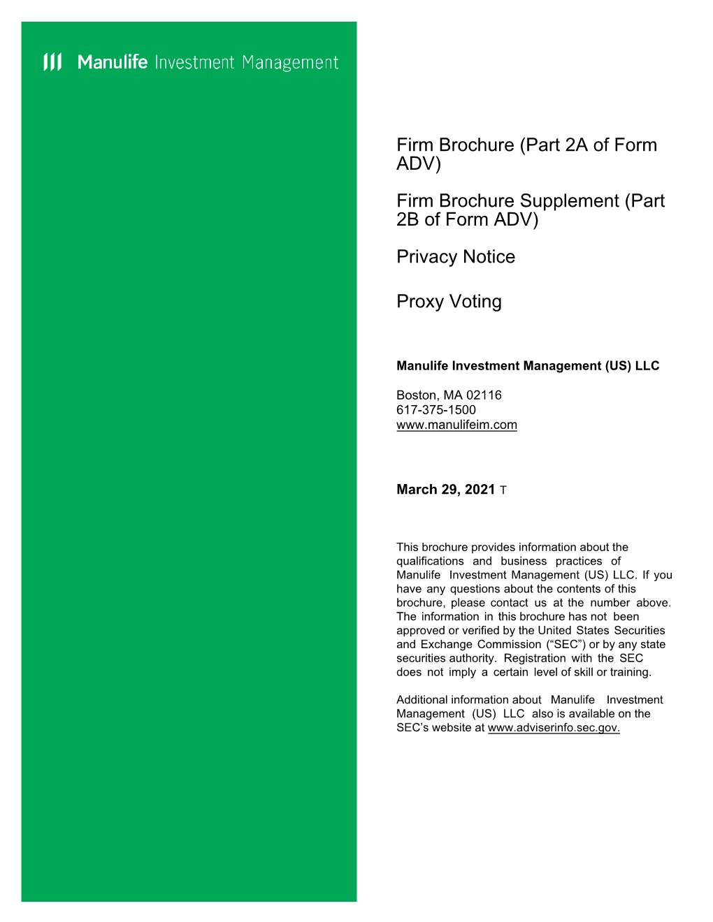 2020 Manulife Investment Management (US) LLC Firm Brochure