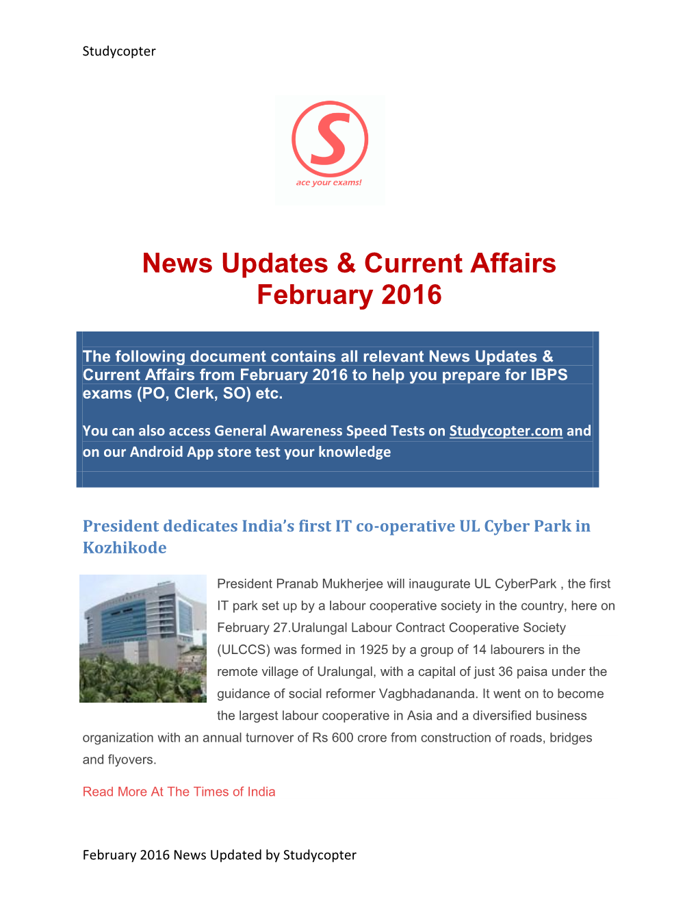 News Updates & Current Affairs February 2016