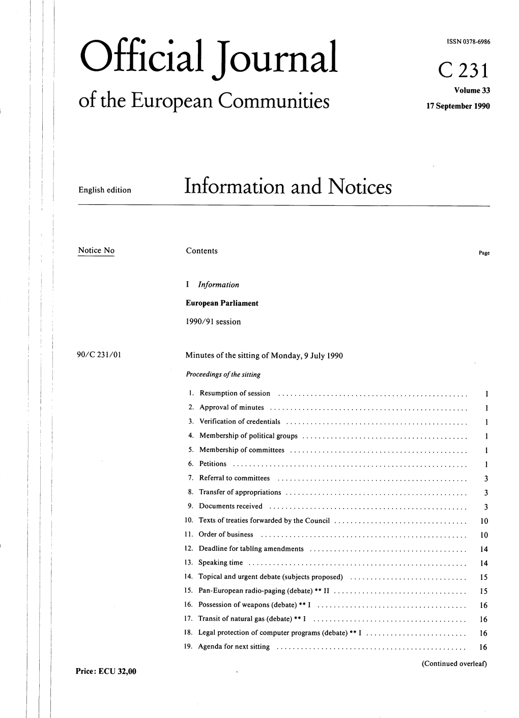 Official Journal C 231 Volume 33 of the European Communities 17 September 1990