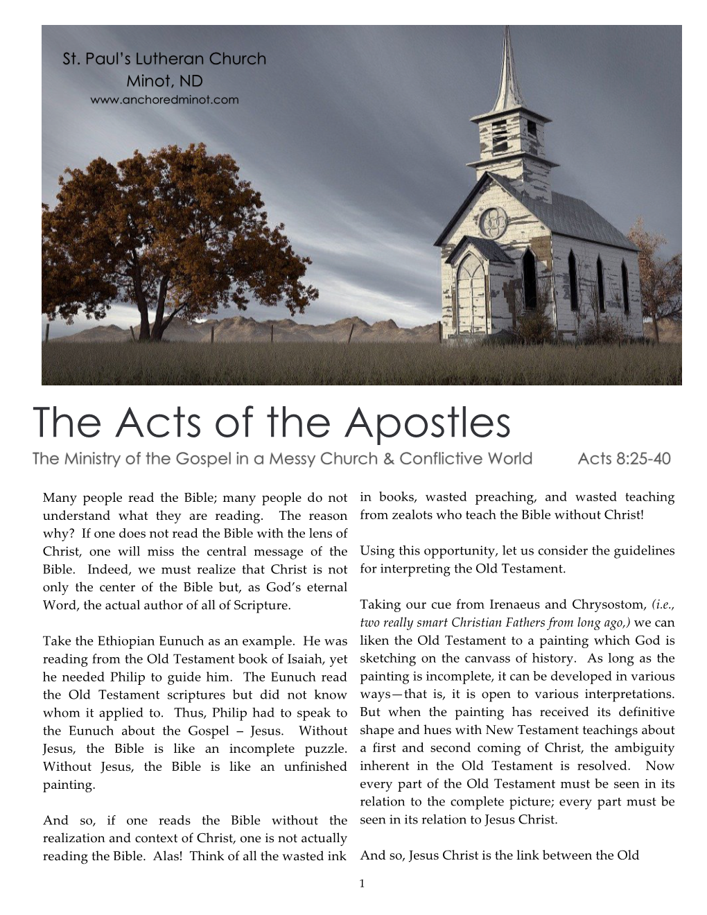 The Acts of the Apostles the Ministry of the Gospel in a Messy Church & Conflictive World Acts 8:25-40