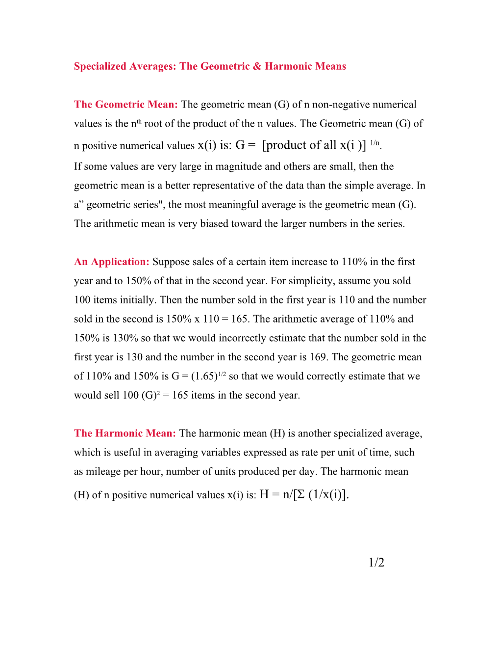 Specialized Averages: the Geometric & Harmonic Means