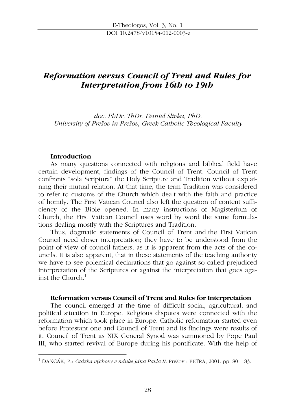 Reformation Versus Council of Trent and Rules for Interpretation from 16Th to 19Th