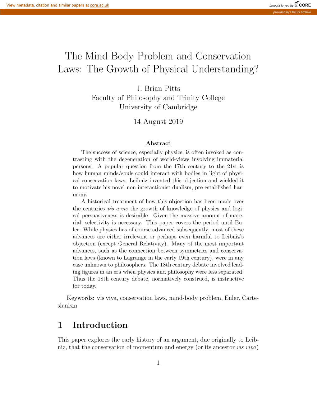 The Mind-Body Problem and Conservation Laws: the Growth of Physical Understanding?