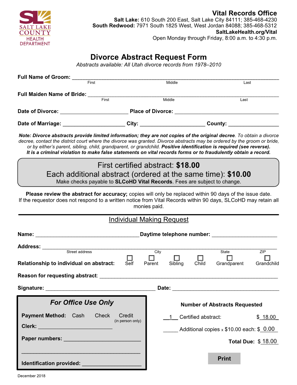 Divorce Abstract Request Form First Certified Abstract