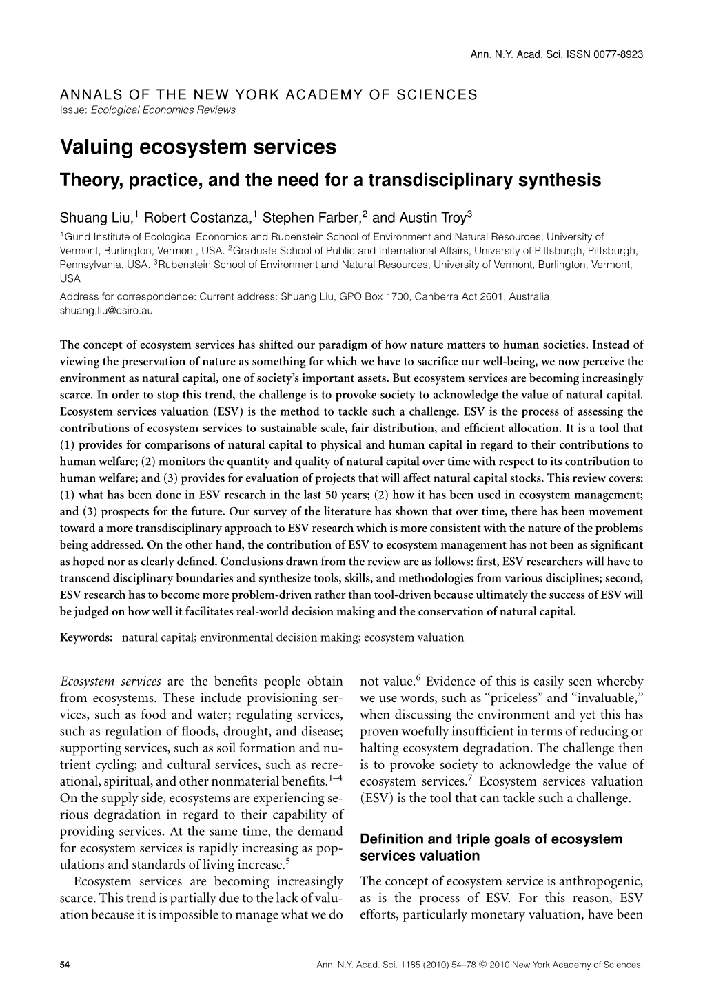 Valuing Ecosystem Services Theory, Practice, and the Need for a Transdisciplinary Synthesis