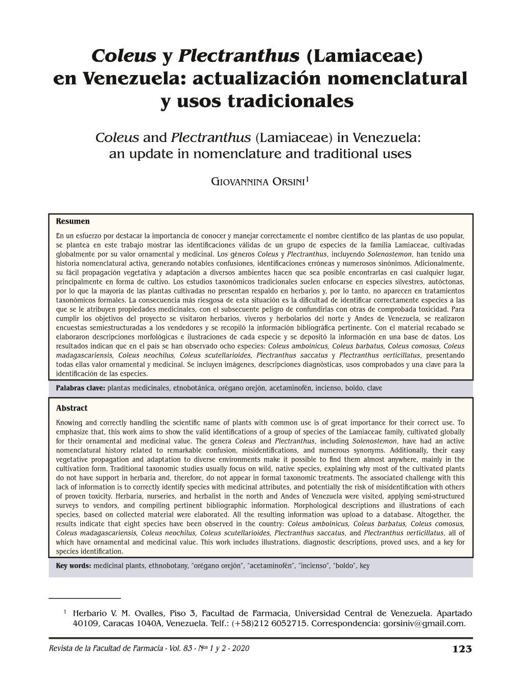 Coleus Y Plectranthus (Lamiaceae) En Venezuela: Actualización Nomenclatural Y Usos Tradicionales